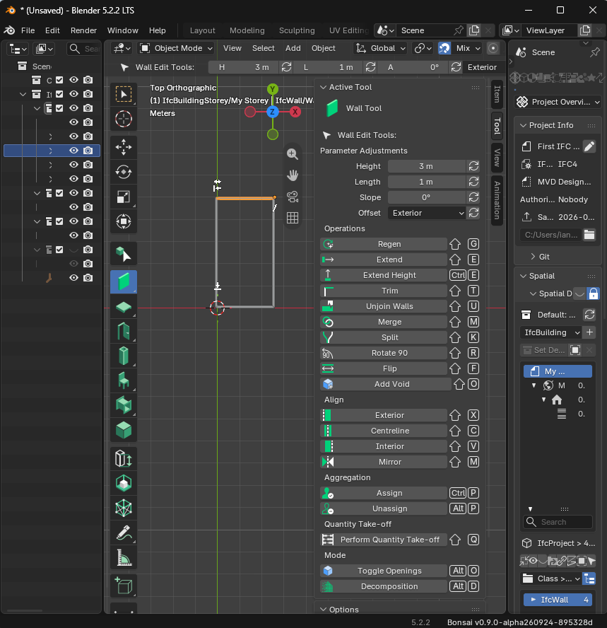 &ldquo;Simple IFC project with four walls in Blender with the Bonsai add-on&rdquo;